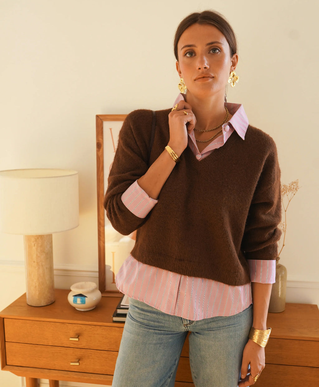 Brown V-Neck Sweater with Attached Striped Shirt | Effortless Layered Look