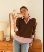 Brown V-Neck Sweater with Attached Striped Shirt | Effortless Layered Look