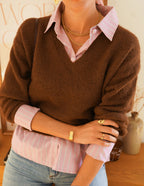 Brown V-Neck Sweater with Attached Striped Shirt | Effortless Layered Look