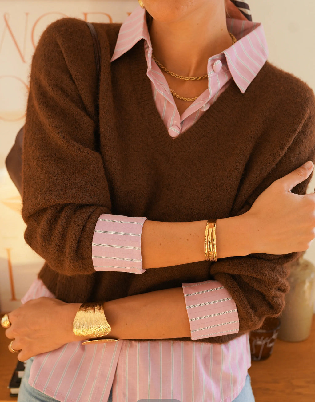 Brown V-Neck Sweater with Attached Striped Shirt | Effortless Layered Look