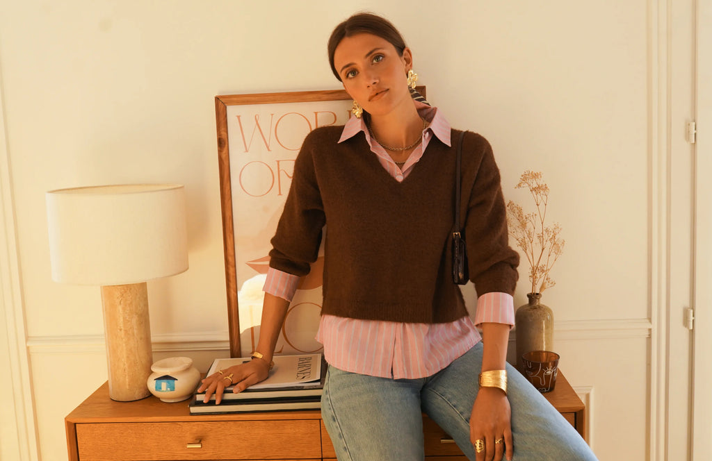 Brown V-Neck Sweater with Attached Striped Shirt | Effortless Layered Look