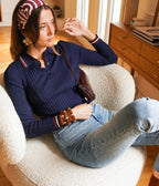 Navy Ribbed Knit Polo Sweater | Sporty Chic Essential