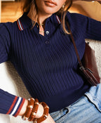 Navy Ribbed Knit Polo Sweater | Sporty Chic Essential