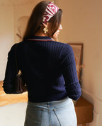 Navy Ribbed Knit Polo Sweater | Sporty Chic Essential