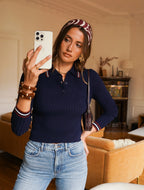 Navy Ribbed Knit Polo Sweater | Sporty Chic Essential