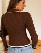 Brown Ribbed Knit Polo Sweater | Classic Preppy Knit