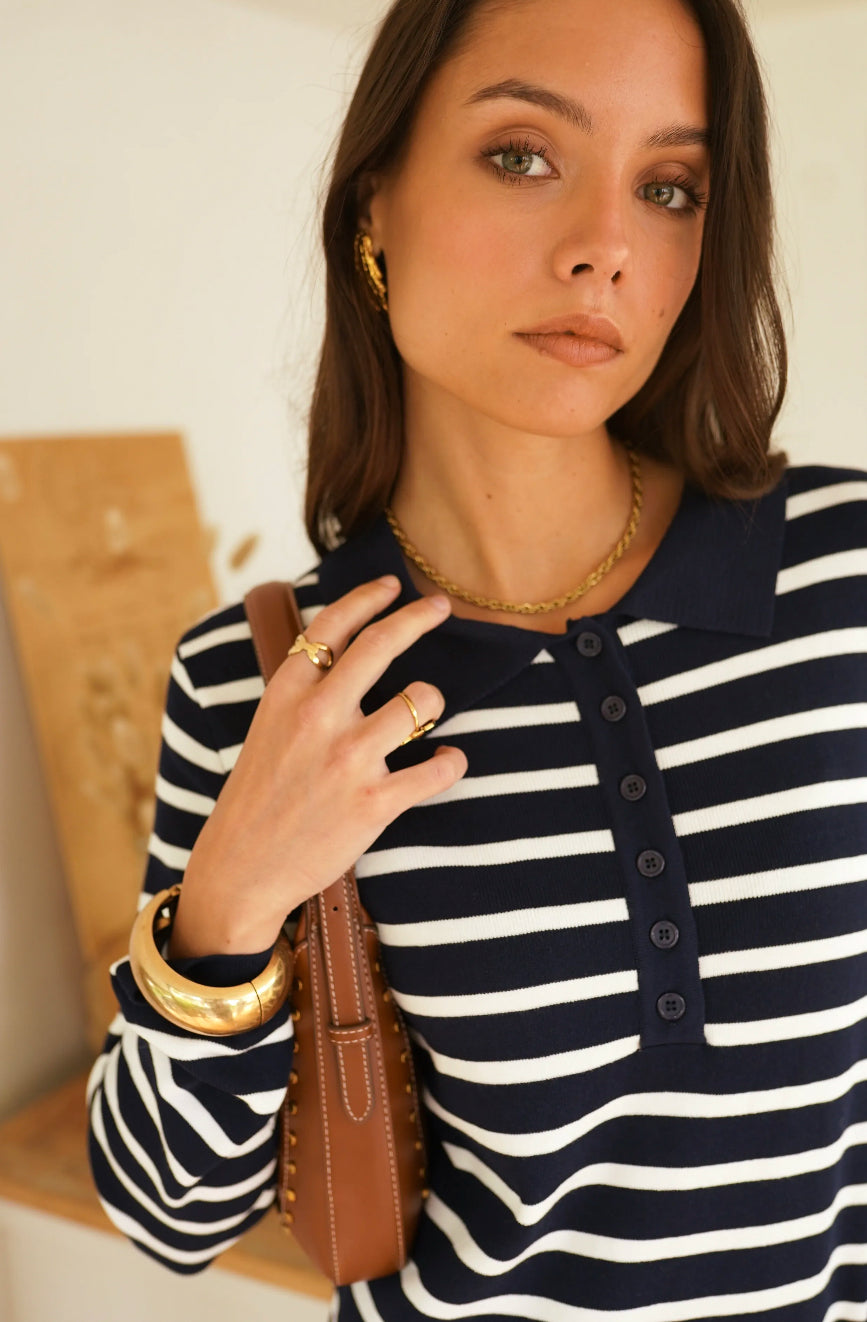Navy and White Striped Knit Dress | Effortless Parisian Style