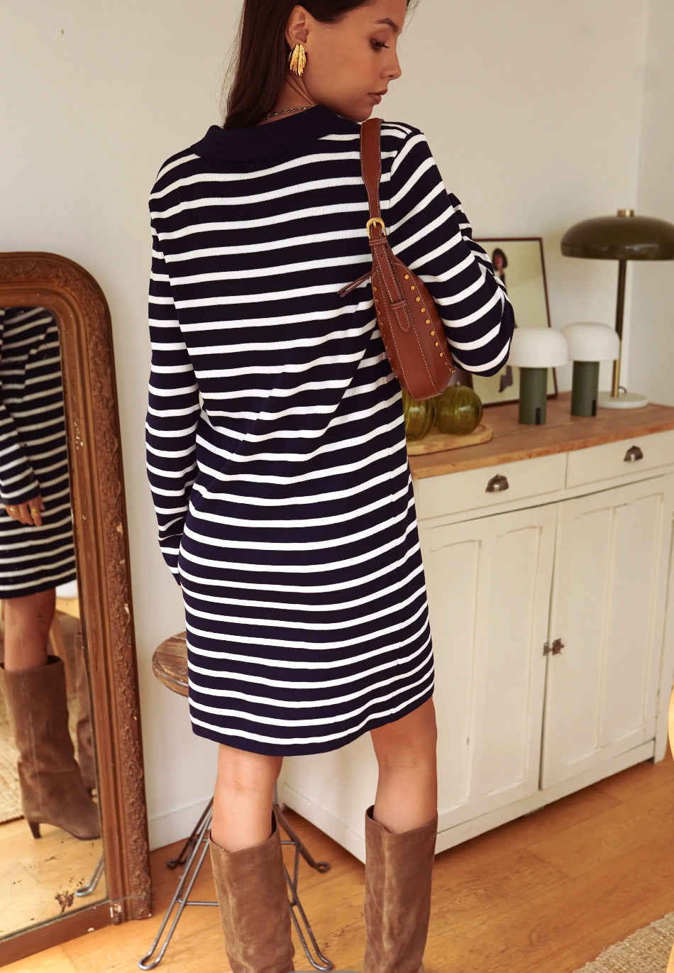 Navy and White Striped Knit Dress | Effortless Parisian Style