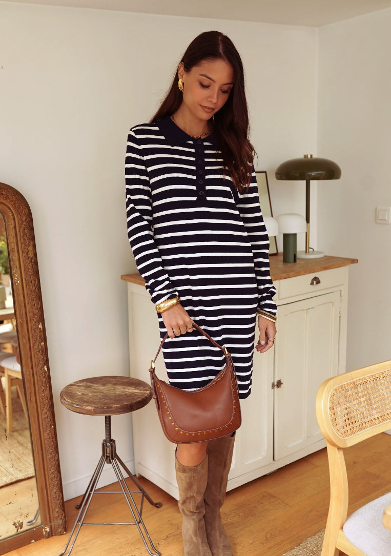 Navy and White Striped Knit Dress | Effortless Parisian Style