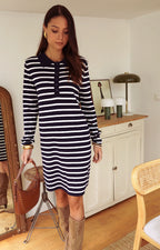 Navy and White Striped Knit Dress | Effortless Parisian Style