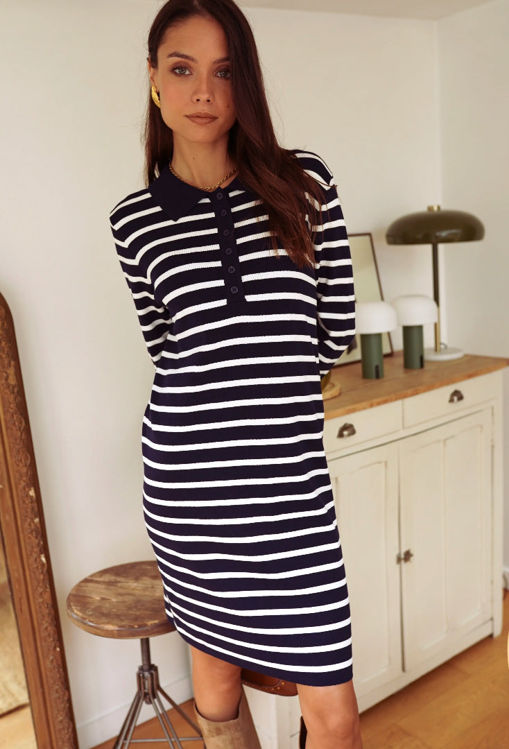 Navy and White Striped Knit Dress | Effortless Parisian Style