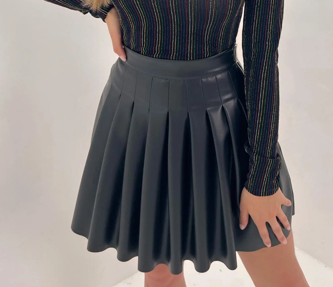 Pleated Faux Leather Skirt in Black
