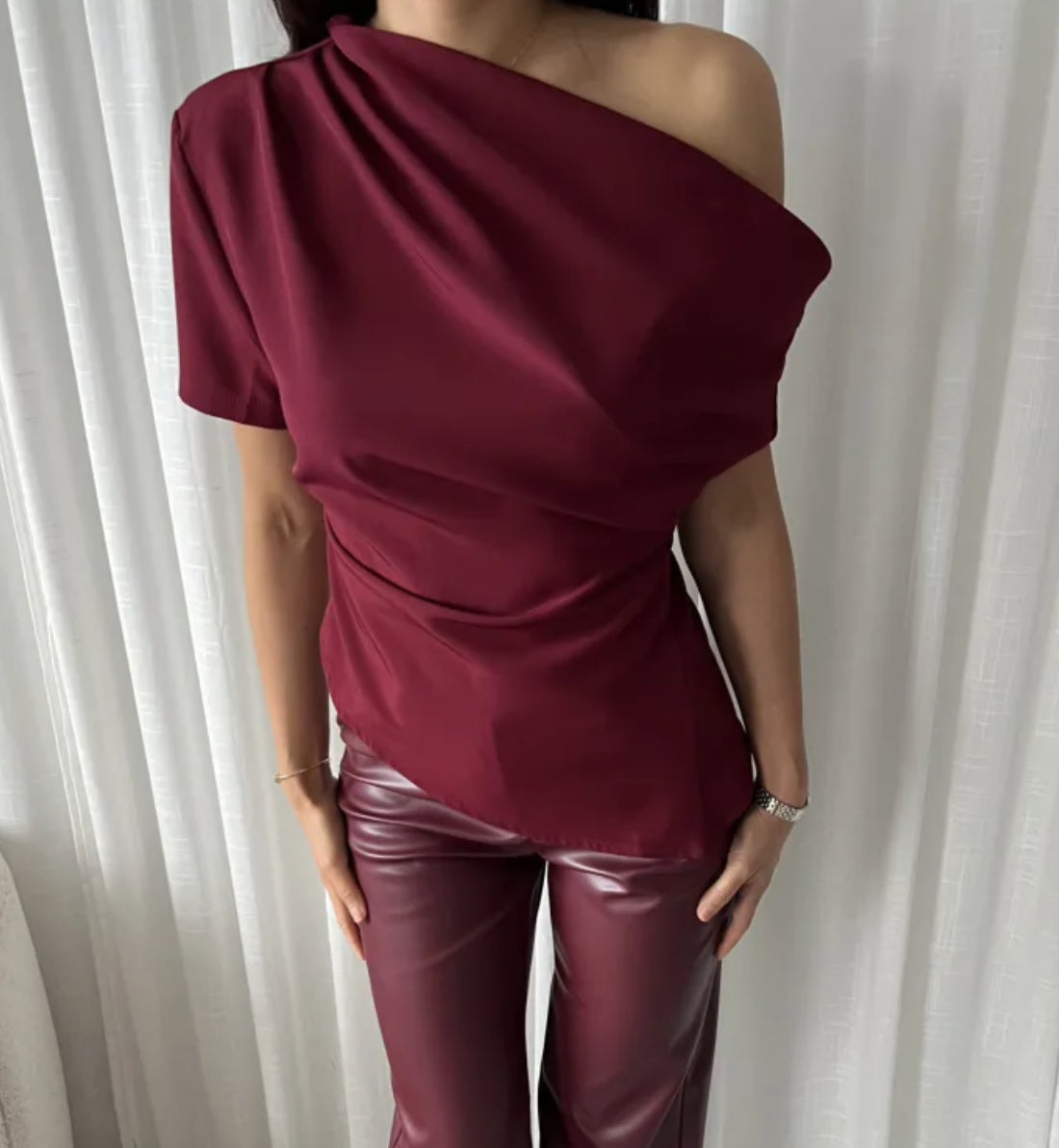 Asymmetric Satin Top in Burgundy