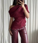Asymmetric Satin Top in Burgundy