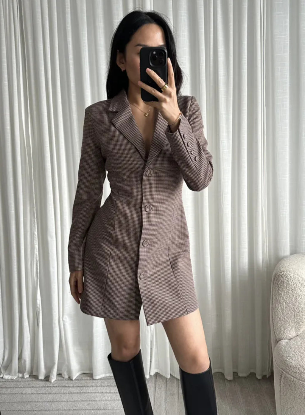 Houndstooth Blazer Dress in Brown