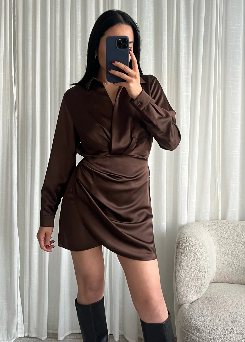 Satin Wrap Shirt Dress in Chocolate