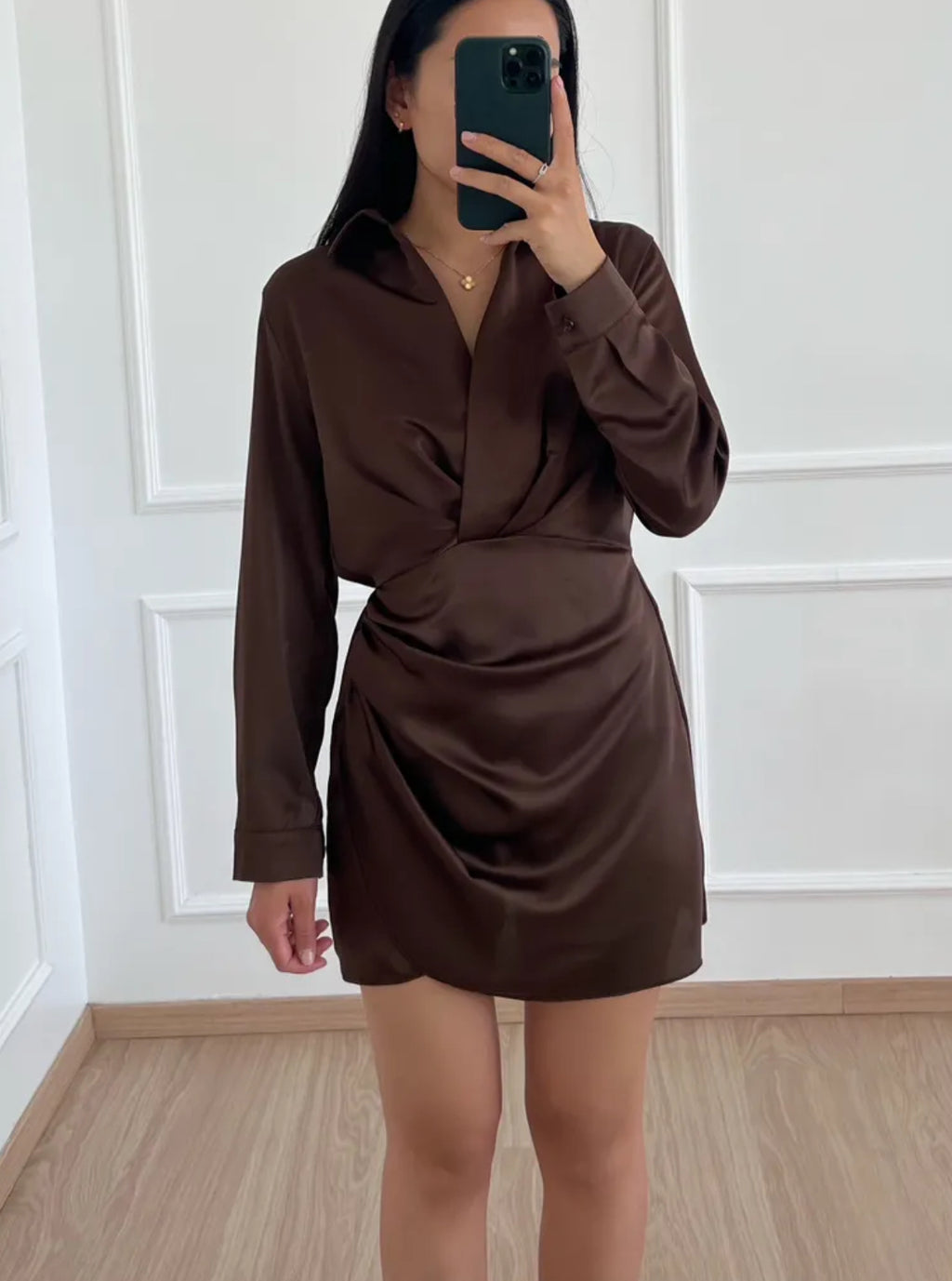 Satin Wrap Shirt Dress in Chocolate