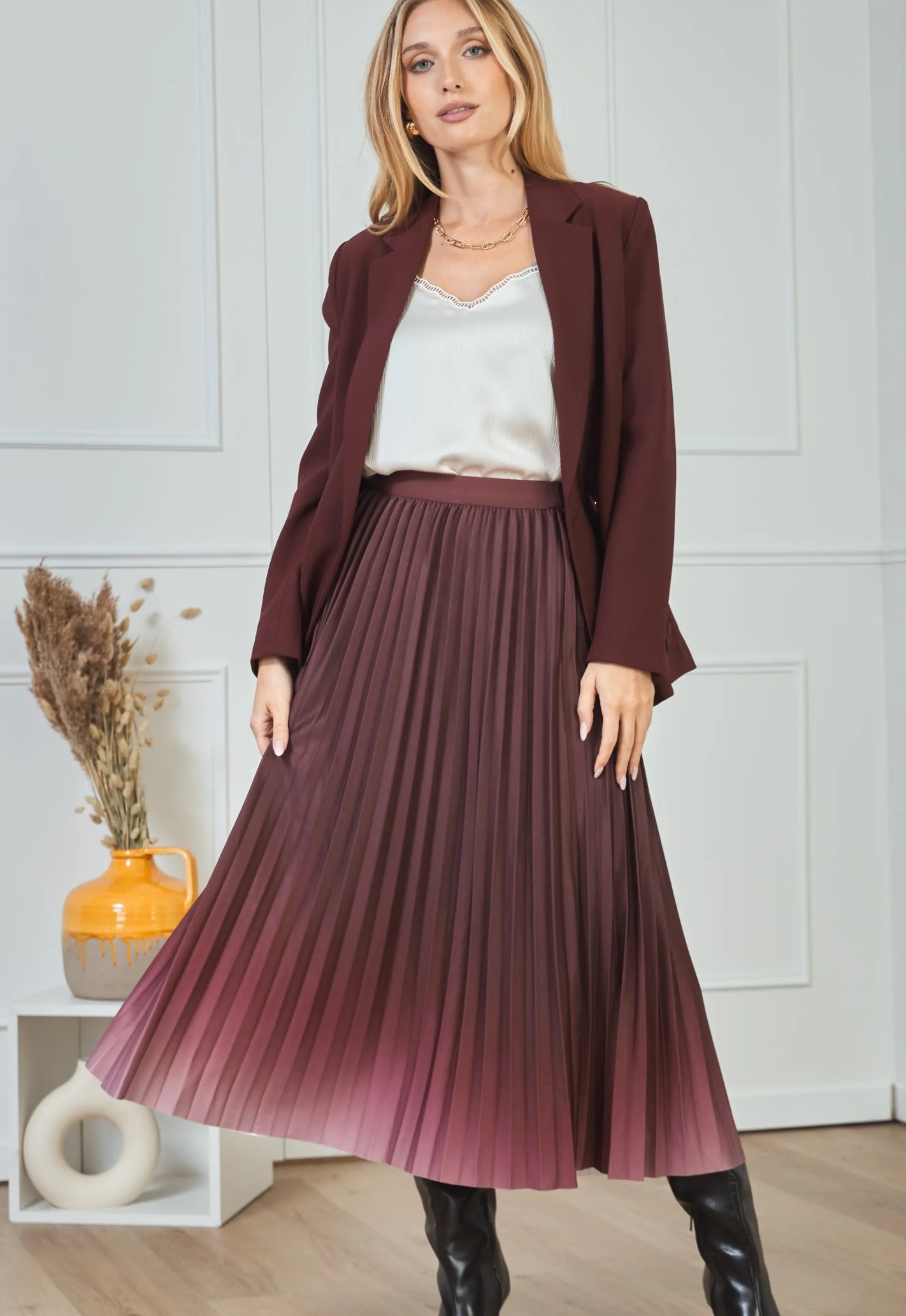 Pleated Midi Skirt | Flowing Elegance in Beige, Wine & Brown