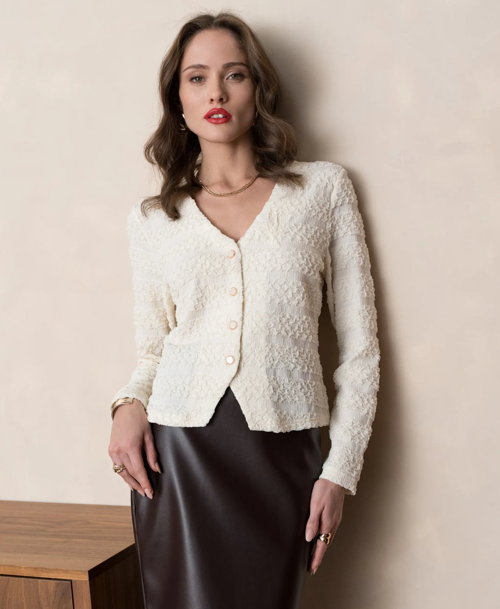 Textured Button-Up Cardigan | Elegant Cream Knit Top