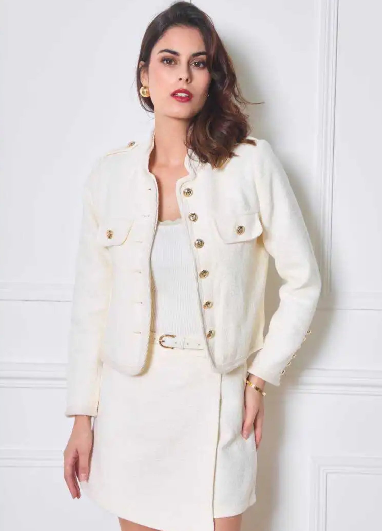 Gold-Button Tweed Jacket | Elegant Cream