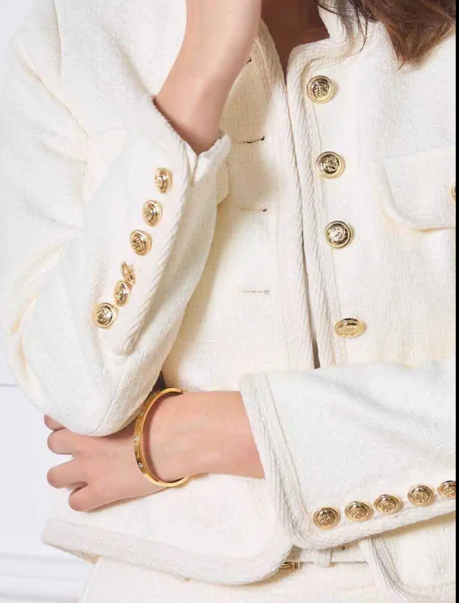 Gold-Button Tweed Jacket | Elegant Cream
