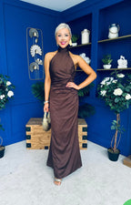 High Neck Satin Maxi Dress in Chocolate