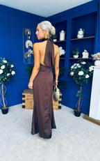 High Neck Satin Maxi Dress in Chocolate