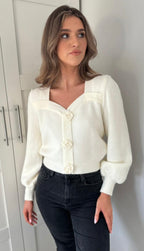 Floral Button Knit Cardigan in Cream