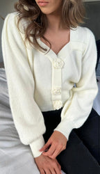 Floral Button Knit Cardigan in Cream