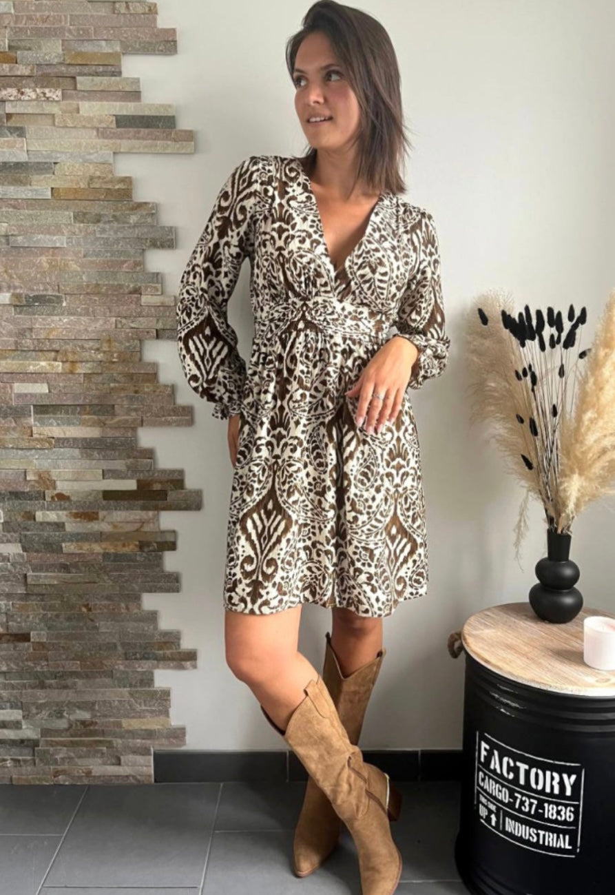 Brown Baroque Print Wrap Dress