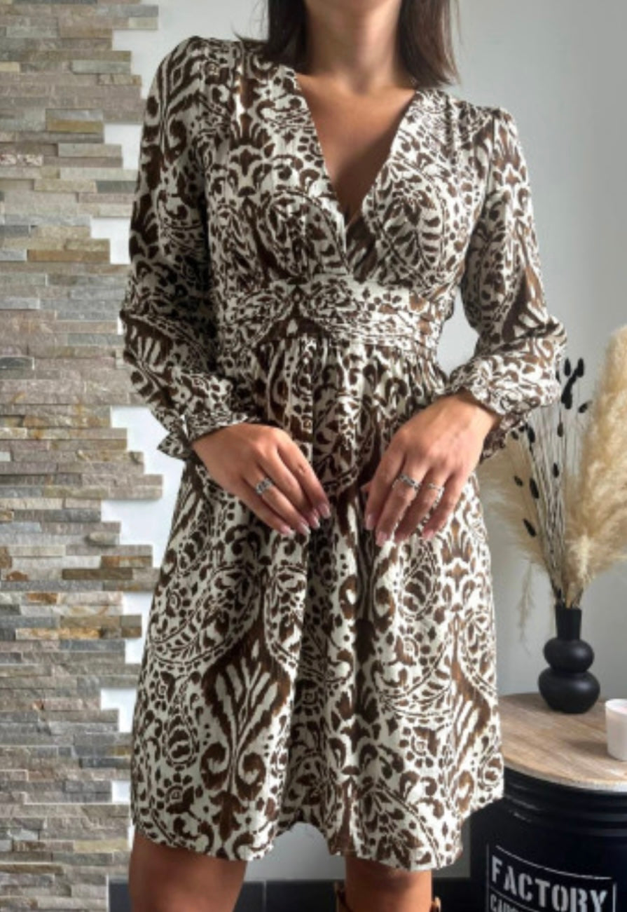 Brown Baroque Print Wrap Dress