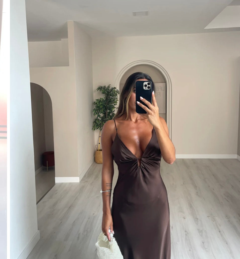 Chocolate Satin Twist Maxi Dress