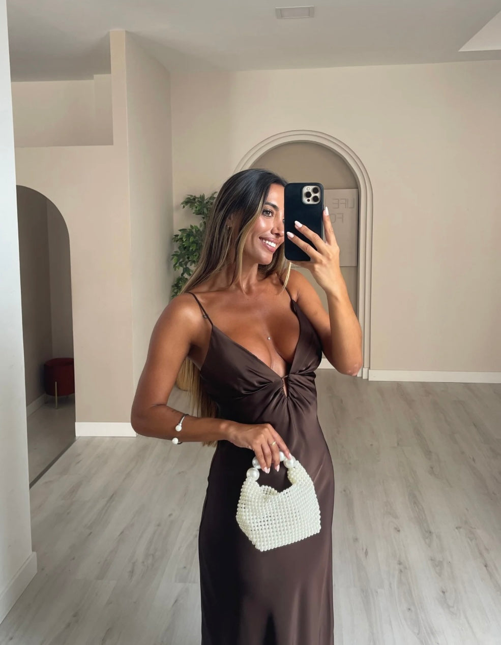 Chocolate Satin Twist Maxi Dress