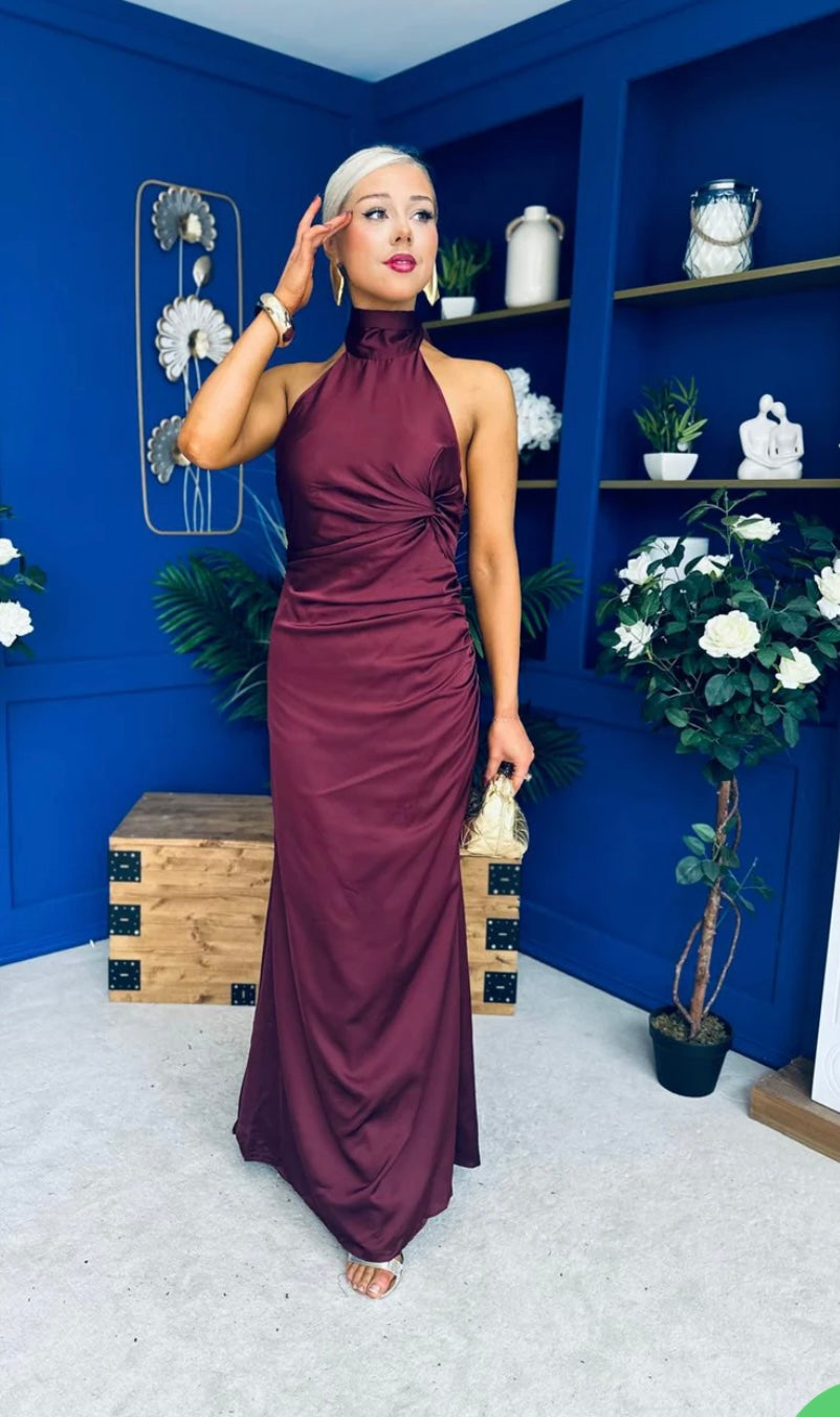 High Neck Satin Maxi Dress in Chocolate