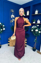 High Neck Satin Maxi Dress in Chocolate