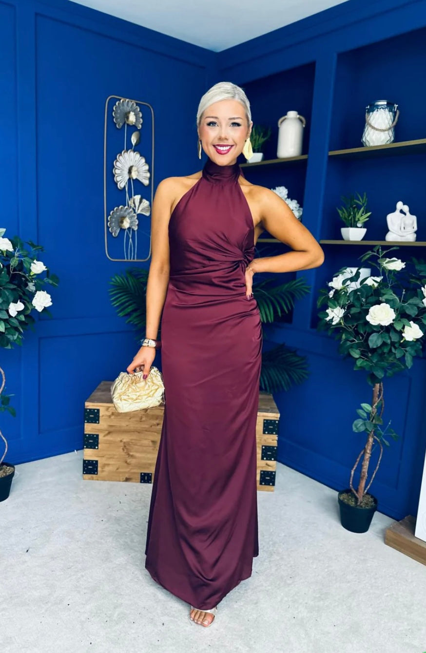 High Neck Satin Maxi Dress in Chocolate