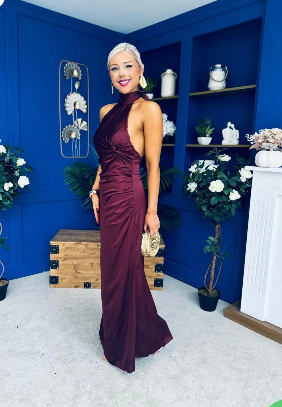 High Neck Satin Maxi Dress in Chocolate