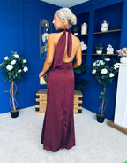 High Neck Satin Maxi Dress in Chocolate