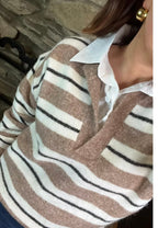 Beige and Cream Striped Knit Polo