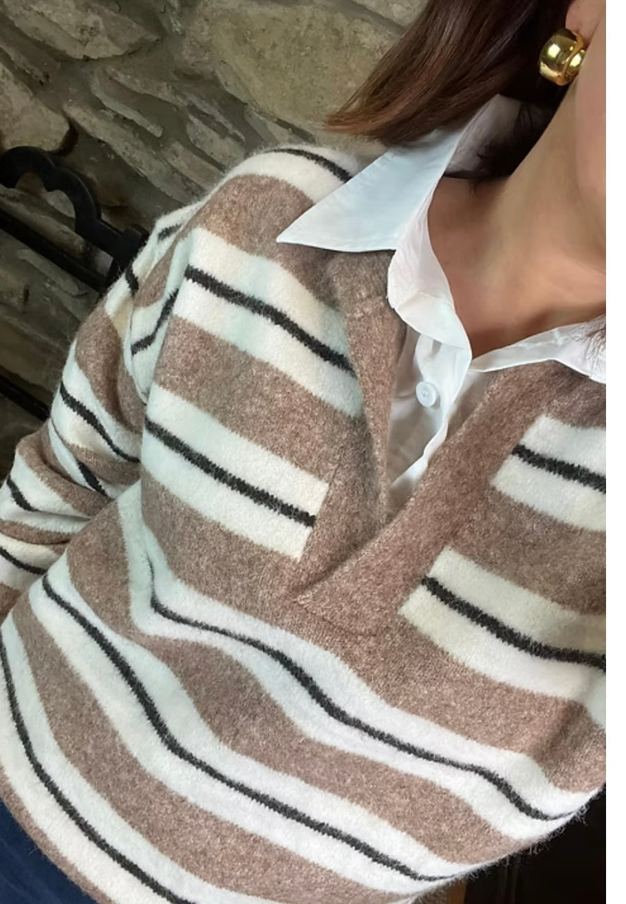 Beige and Cream Striped Knit Polo