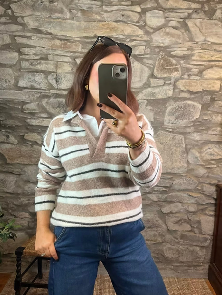 Beige and Cream Striped Knit Polo