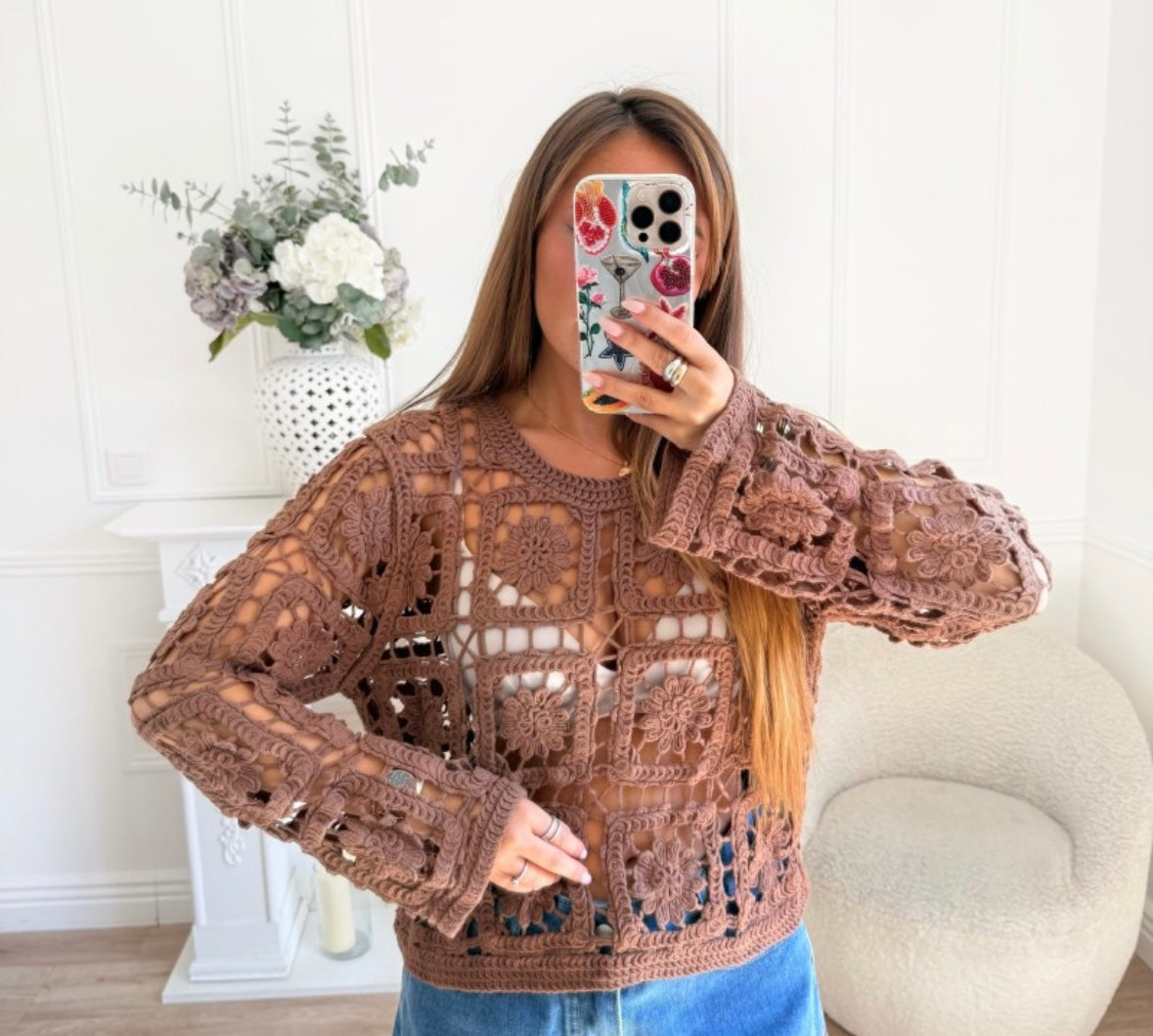 Brown Crochet Lace Sweater