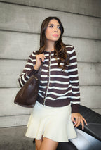 Women’s Brown and Cream Striped Cardigan – Button-Up Knit Top 25WC012