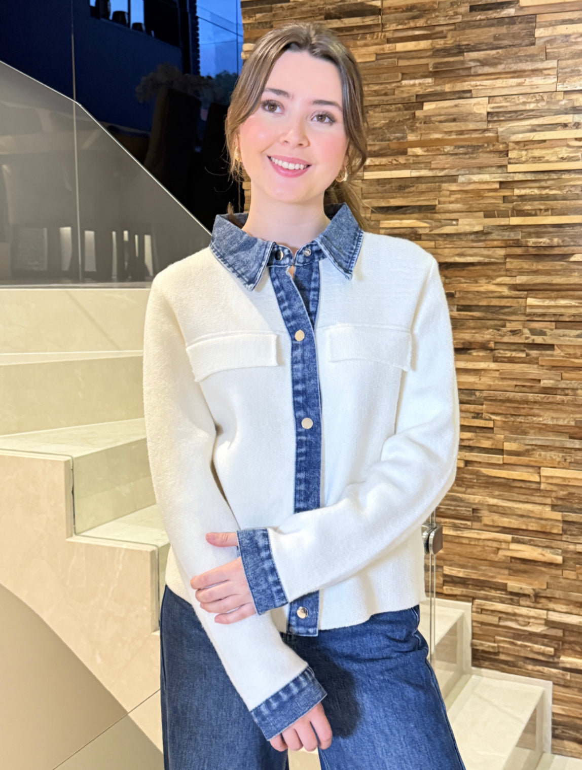 Women’s Cream Cardigan with Denim Contrast – Button-Up Knit Top 25WC003