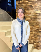 Women’s Cream Cardigan with Denim Contrast – Button-Up Knit Top 25WC003