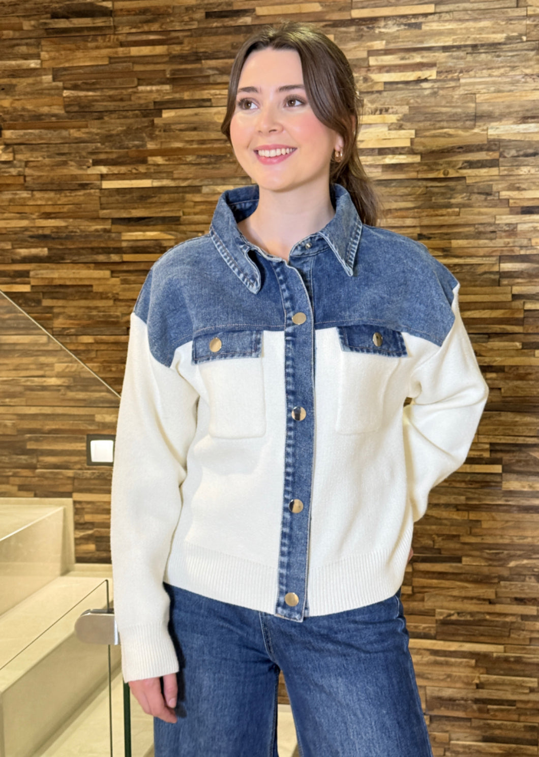 Women’s Cream Shacket with Denim Contrast – Button-Up Overshirt Jacket 25WC004