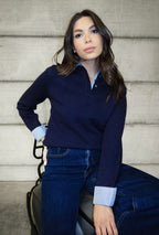 Women’s Navy Knit Top with Striped Shirt Collar & Cuffs – Layered Effect Sweater 25WPL027