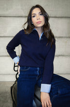 Women’s Navy Knit Top with Striped Shirt Collar & Cuffs – Layered Effect Sweater 25WPL027