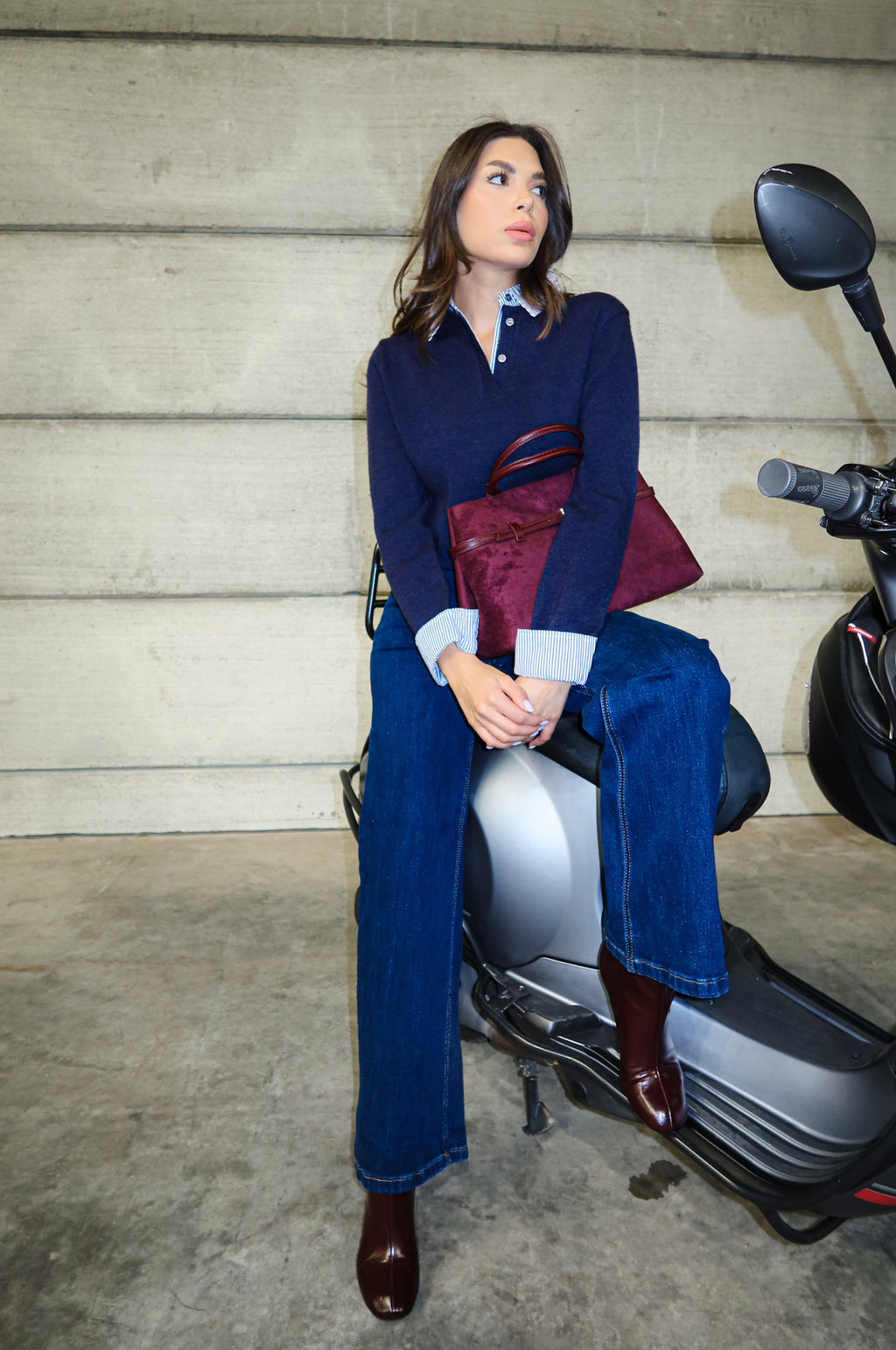 Women’s Navy Knit Top with Striped Shirt Collar & Cuffs – Layered Effect Sweater 25WPL027