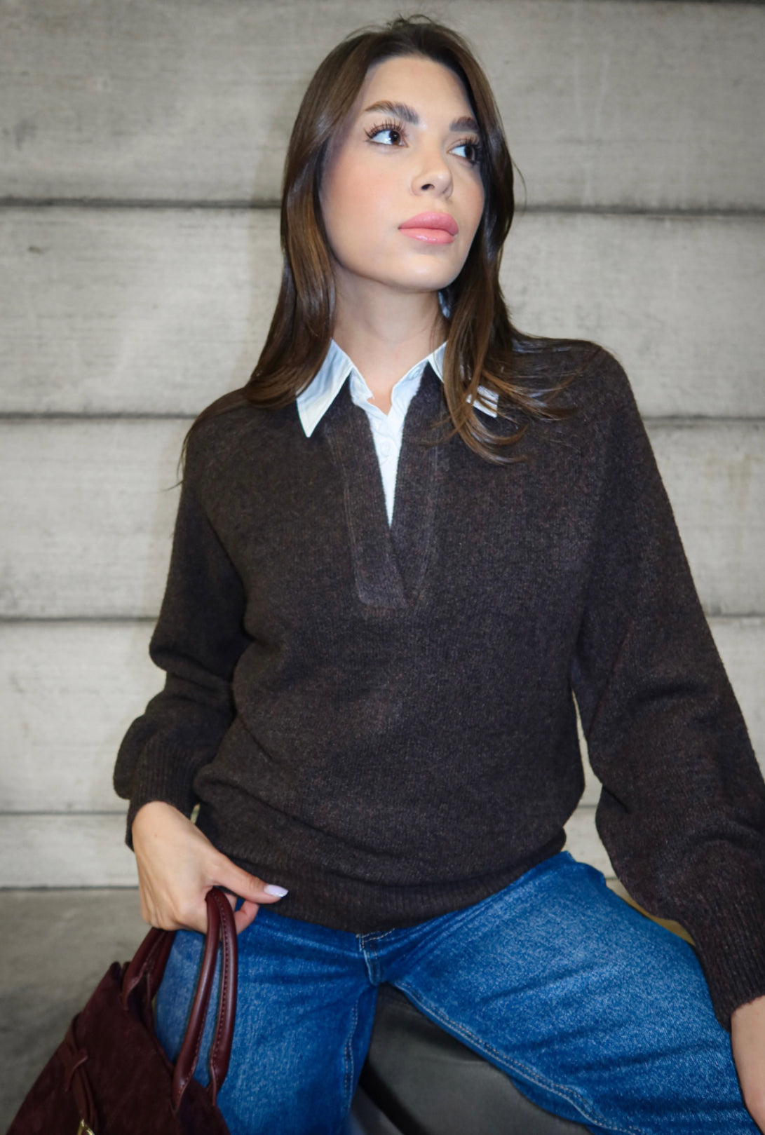 Women’s Chocolate Brown Knit Top with Shirt Collar – Layered Effect Sweater
